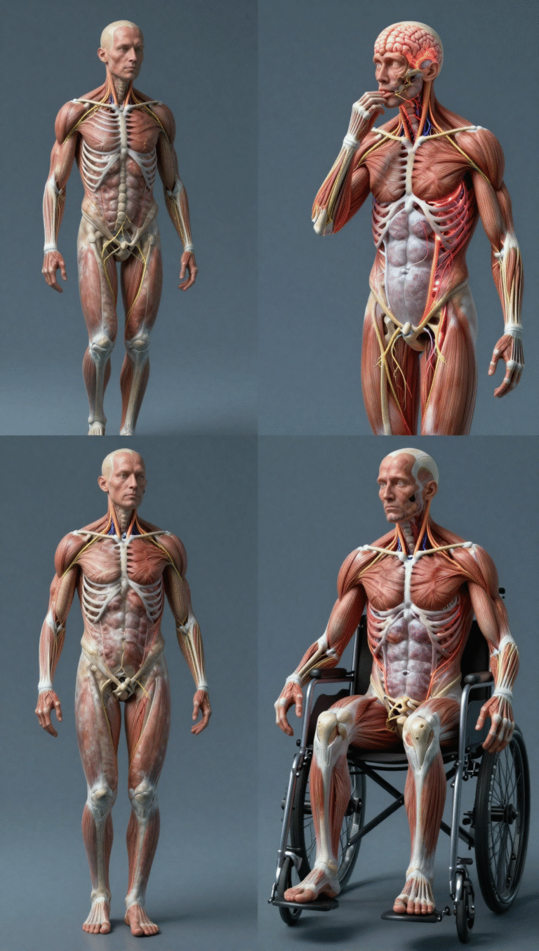 “A powerful medical awareness illustration about Amyotrophic Lateral Sclerosis (ALS), showing the human nervous system and motor neurons. Split-scene concept: on the left, healthy motor neurons actively connecting the brain to strong muscles, with vibrant blue neural signals and healthy muscle tissue; on the right, damaged and dead motor neurons causing weakened, shrinking muscles and paralysis. Include a realistic human silhouette fading from strength to weakness. Use a clean medical infographic style with emotional impact, dark blue and white color palette, subtle glowing neural pathways, highly detailed anatomy, modern healthcare design, cinematic lighting, ultra-realistic, 4K quality.”